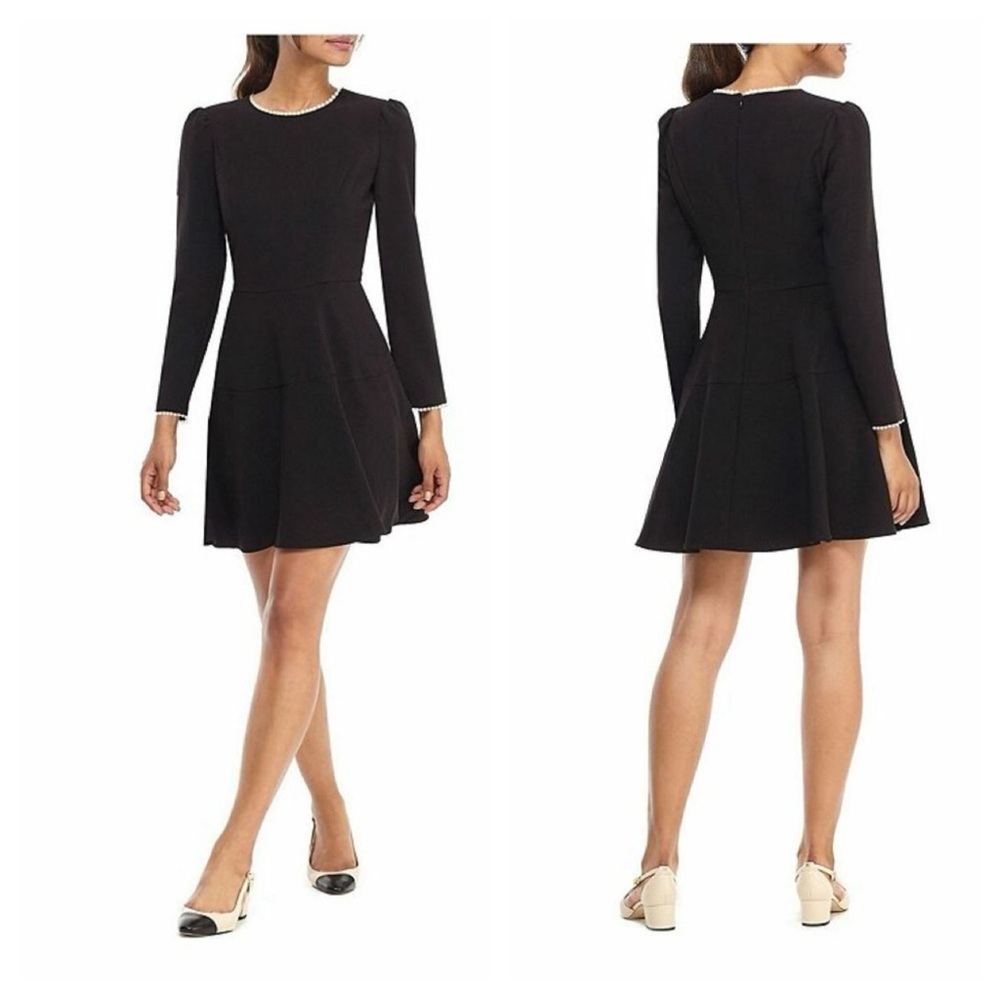Gal Meets Glam Little Black Dress Long Sleeve Fit & Flare Pearl Trim NWT Size 8